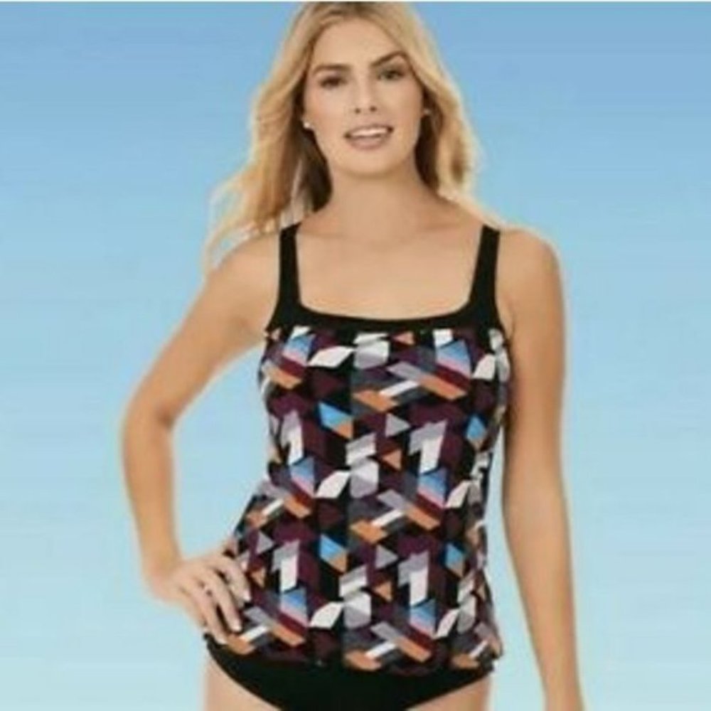 Dreamsuit By Miracle Slimming Control Square Neck Geometric Tankini Top NWT